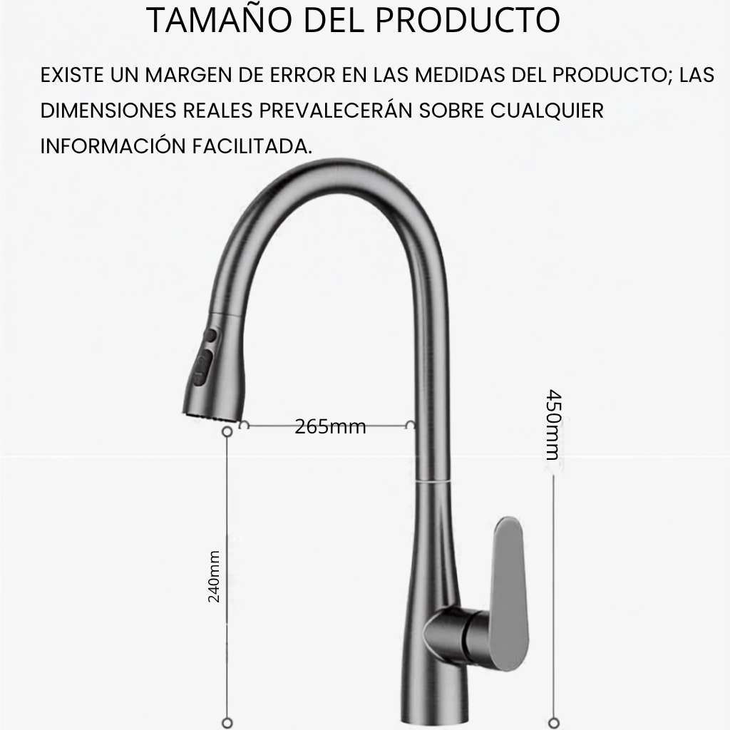 Grifo de cocina extraíble y giratorio 360°, mezclador monomando de agua fría y caliente, ideal para fregadero de cocina o baño.