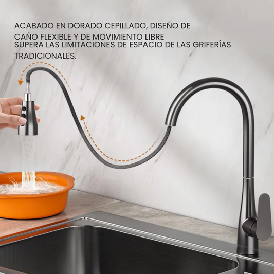 Grifo de cocina extraíble y giratorio 360°, mezclador monomando de agua fría y caliente, ideal para fregadero de cocina o baño.