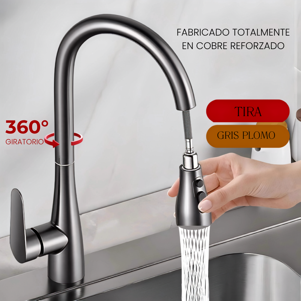 Grifo de cocina extraíble y giratorio 360°, mezclador monomando de agua fría y caliente, ideal para fregadero de cocina o baño.