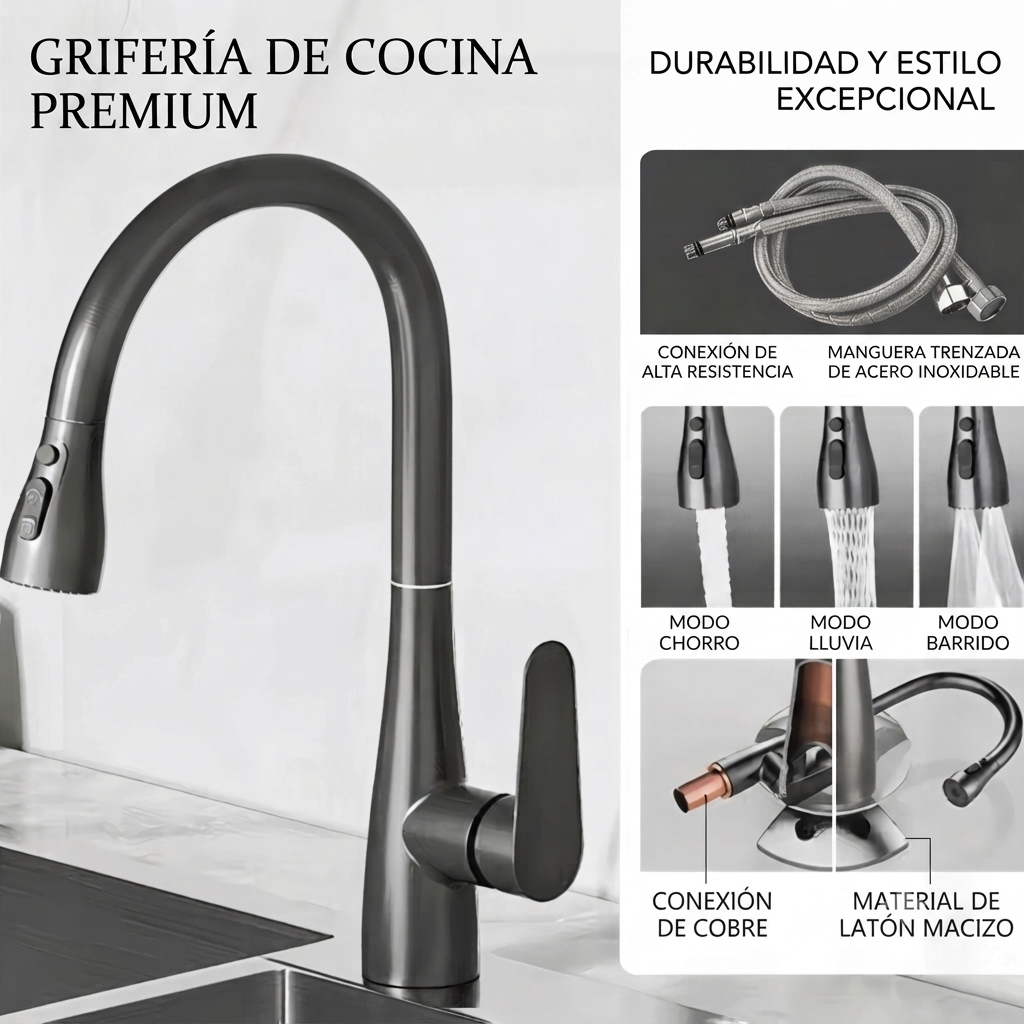 Grifo de cocina extraíble y giratorio 360°, mezclador monomando de agua fría y caliente, ideal para fregadero de cocina o baño.
