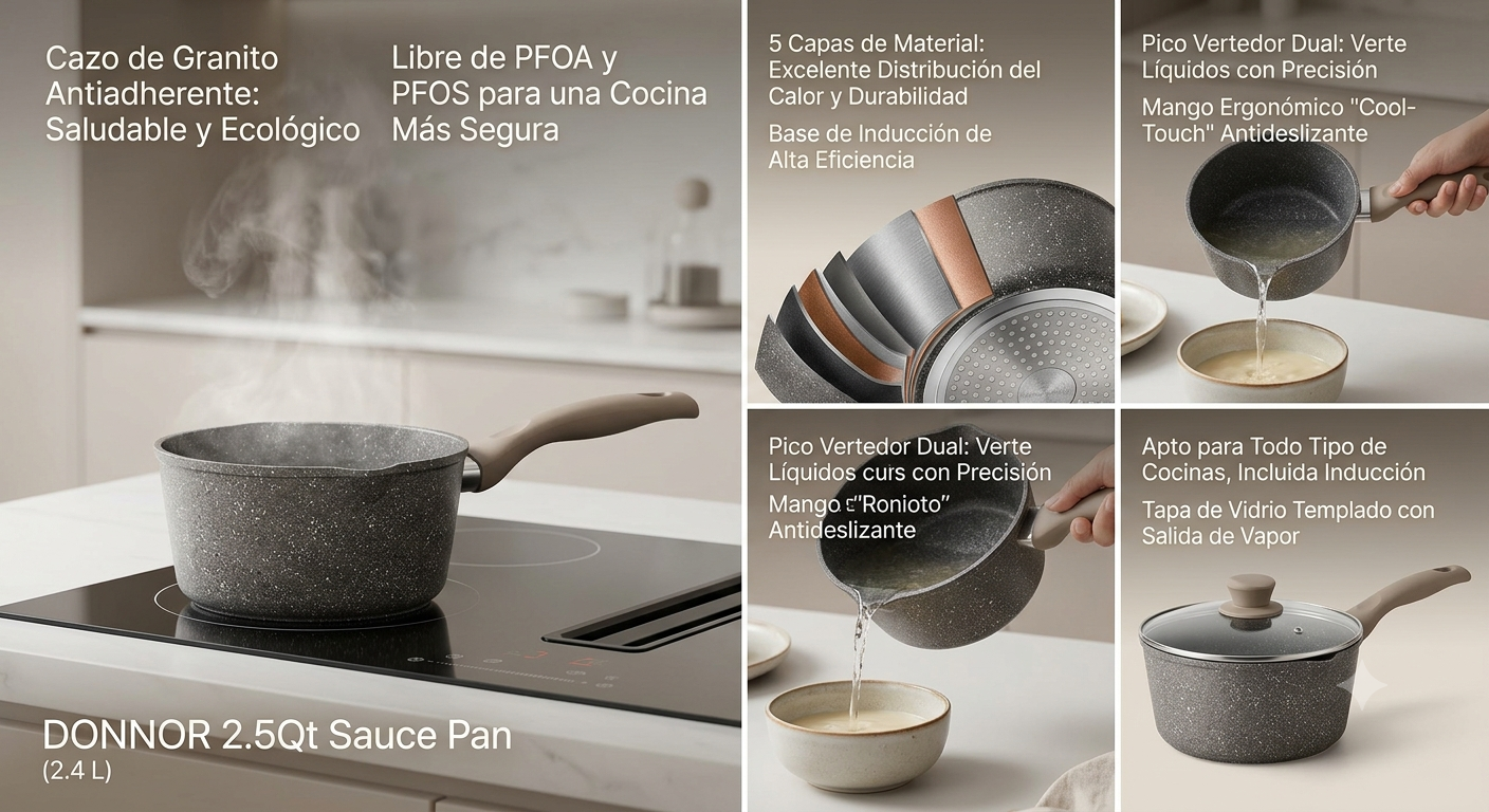 Cazo de Granito Antiadherente con Tapa y Pico Vertedor (2.4 L) — Apto para Todo Tipo de Cocinas