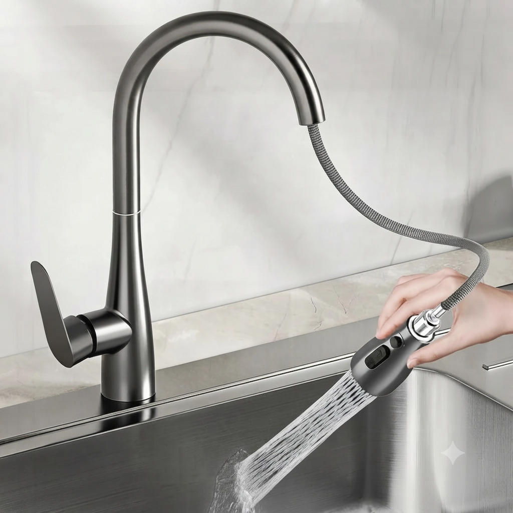 Grifo de cocina extraíble y giratorio 360°, mezclador monomando de agua fría y caliente, ideal para fregadero de cocina o baño.