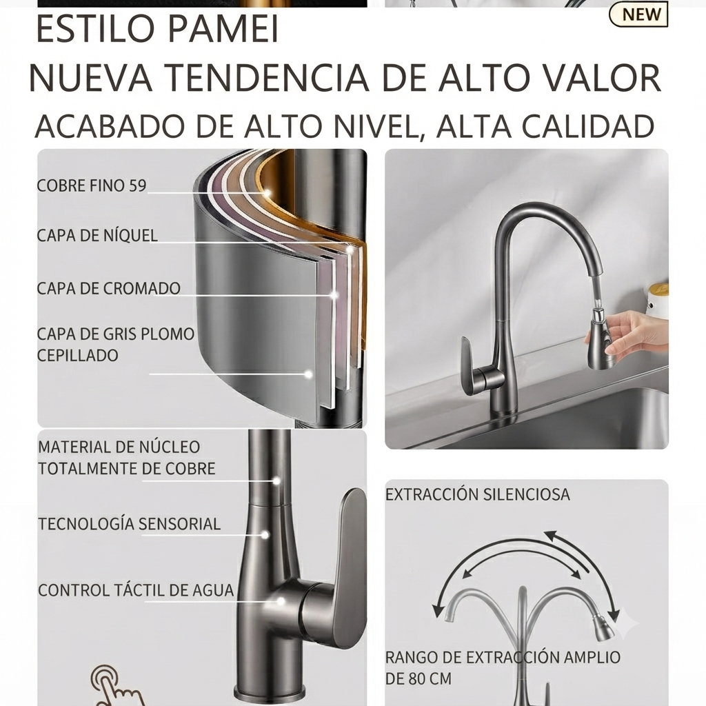 Grifo de cocina extraíble y giratorio 360°, mezclador monomando de agua fría y caliente, ideal para fregadero de cocina o baño.